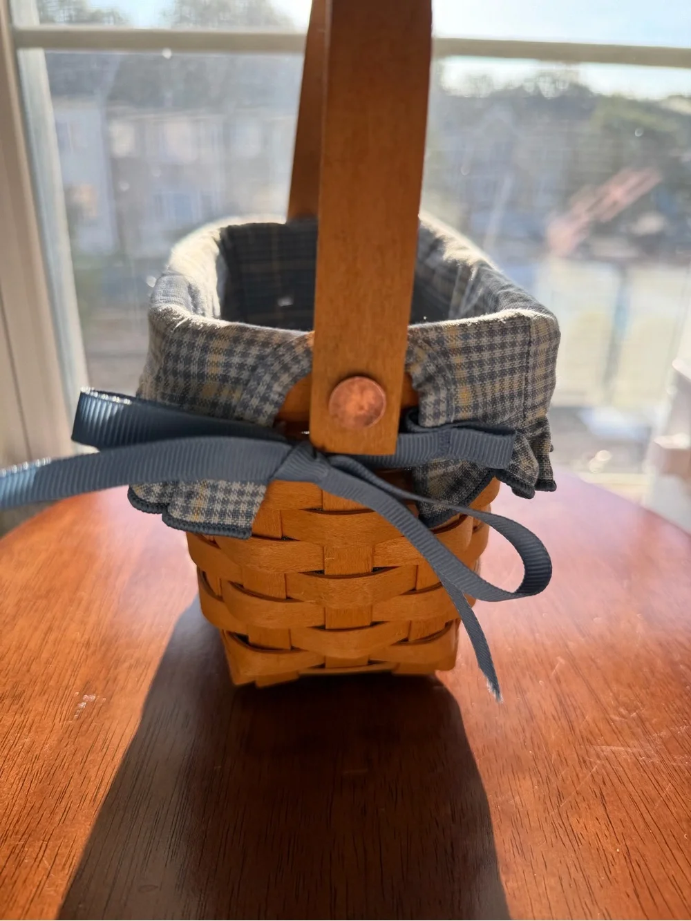 Longaberger Blue Plaid Lined Woven Basket with Ruffled Edge
